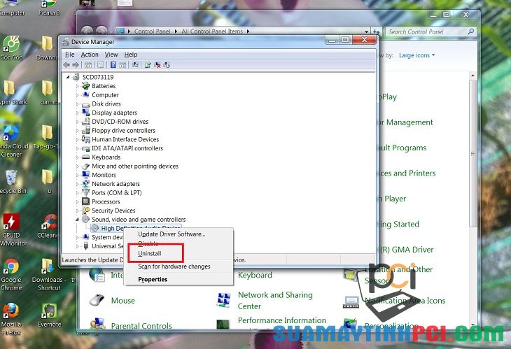 Nhấp chuột phải vào High Definition Audio Device chọn Uninstall.