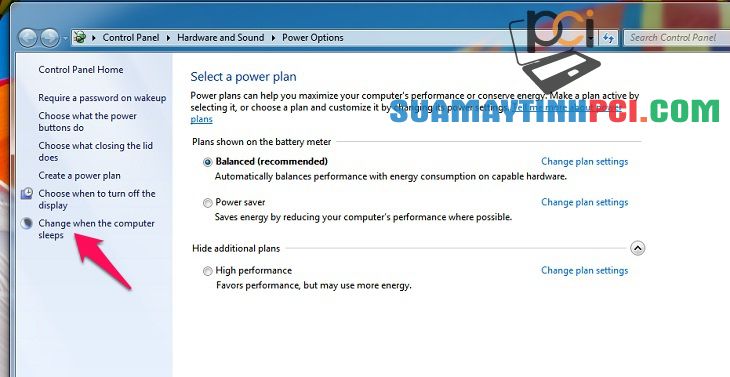 Chọn Change when the computer sleeps ở vị trí bên trái.