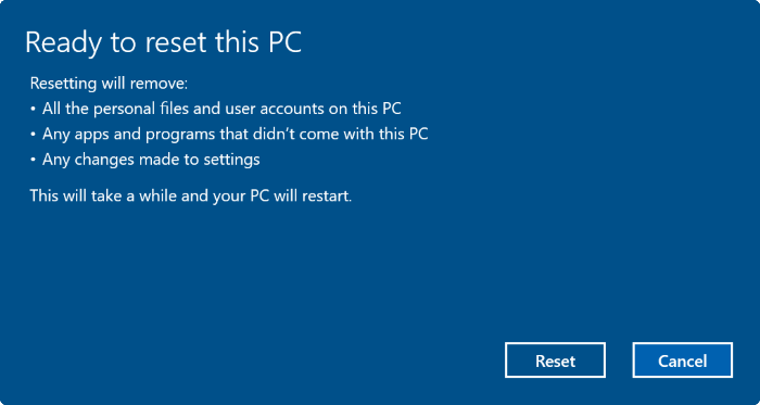  click chọn Reset để khởi động lại máy tính và bắt đầu quá trình reset