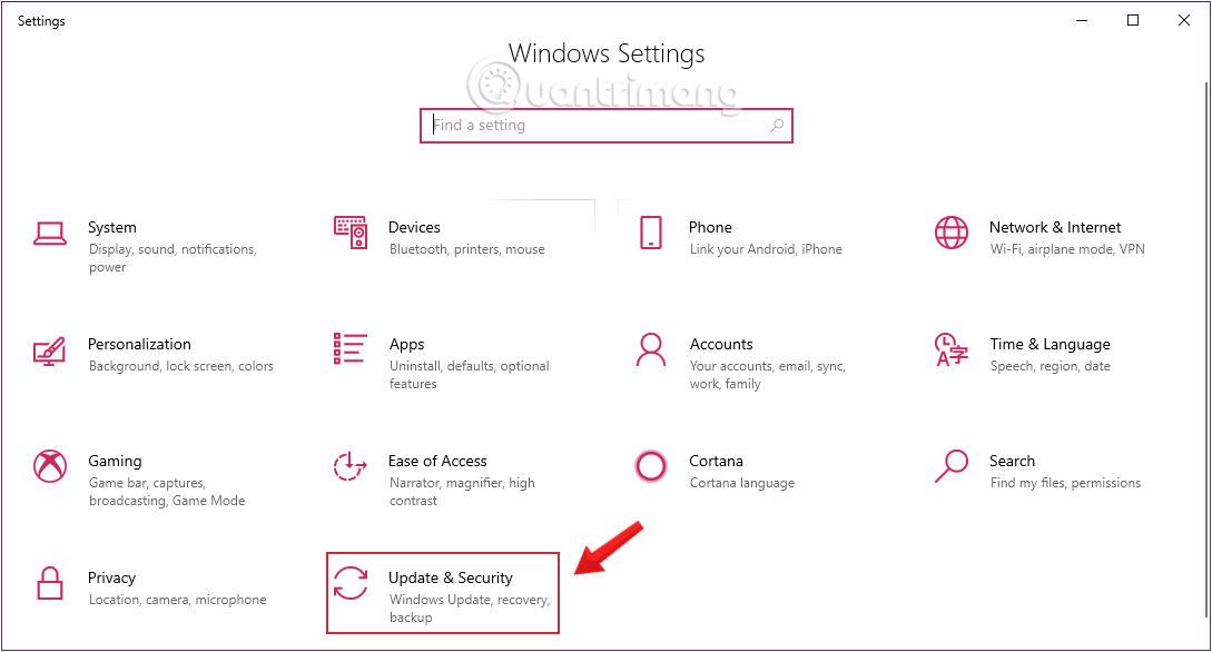 Nhấn chọn Update & security trong Windows Settings