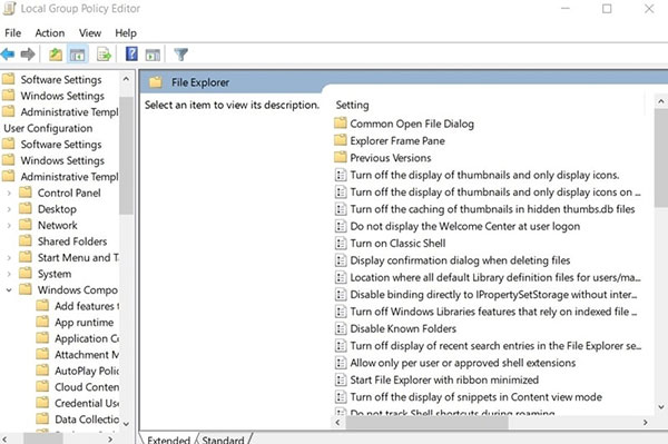 Đi tới User Configuration />  Administrative Templates >  Windows Components >  File Explorer” title=” Cách sửa lỗi “file is open in another program” trong windows 10 ” />  </p>
<p> 4. Đi đến khung bên phải và nhấp đúp vào  <strong> “Turn off the caching of thumbnails in hidden thumbs.db files” </strong> . </p>
<p style=