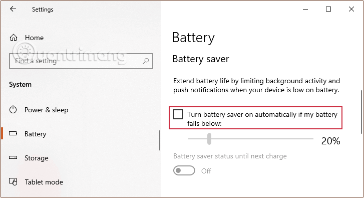 Bỏ tích chọn Turn battery saver on automatically if my battery falls belows