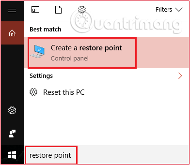Mở Create a Restore Point trong Windows 10