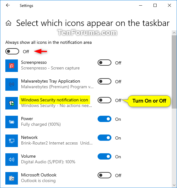 Bật hoặc tắt Windows Security notification icon