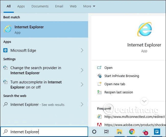 Tìm Internet Explorer trong menu Start