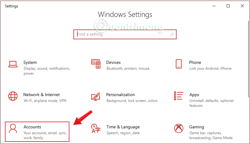 Nhấn chọn Account trong Windows Settings