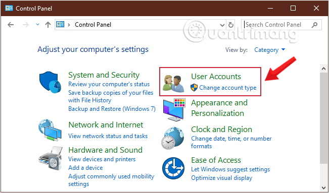 Click chọn User Accounts để mở cửa sổ User Account