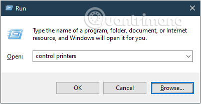 Gõ lệnh control printers trong cửa sổ lệnh Run rồi nhấn OK
