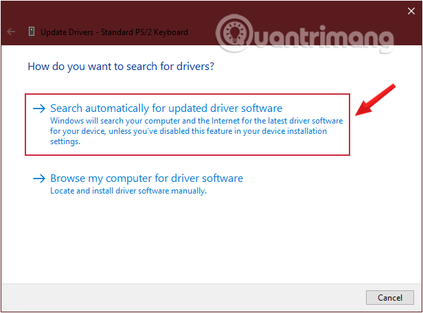 Yêu cầu Windows tìm driver bằng cách click chọn Search automatically for updated driver software