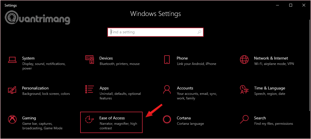 Nhấn chọn Ease of Access trong Windows Settings