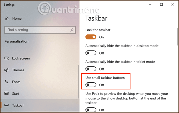 Sử dụng Use small taskbar buttons để thay đổi kích thước icon