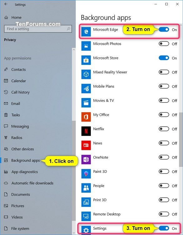 Bật Microsoft Edge và Settings trong Background apps