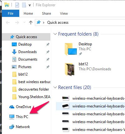 Truy cập vào File Explorer và sau đó nhấp vào mục This PC trên khung bên phải.