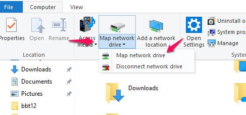 Chọn tab computer và trong menu ở trên cùng, bạn nhấp vào Map network drive và sau đó click chọn Map network drive.