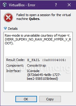 Thông báo lỗi khi chạy VirtualBox trên Windows 10