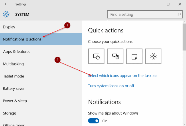 chọn link Select Which icons appear on the taskbar