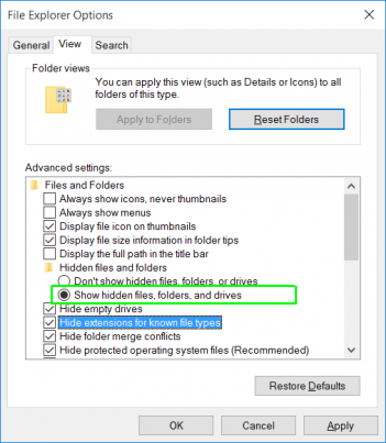 Toggle Hidden files and folders to show hidden files, folders and drives.