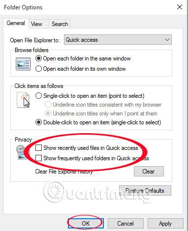 Cách ẩn/hiện Recent Files và Frequently Folders trong Quick access Window 10
