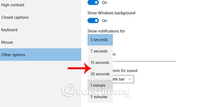 Thay đổi thời gian hiện thị thông báo trên Windows 10