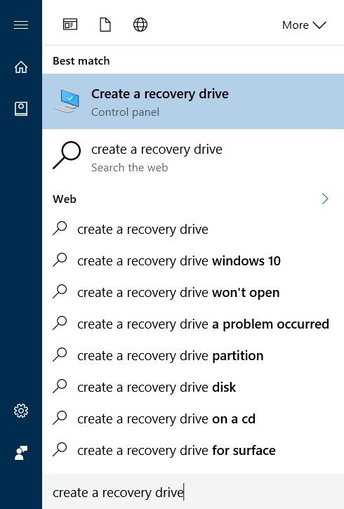 mở Recovery drive wizard