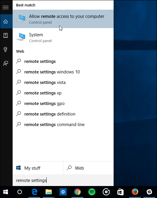 chọn Allow remote access to your computer từ danh sách kết quả tìm kiếm