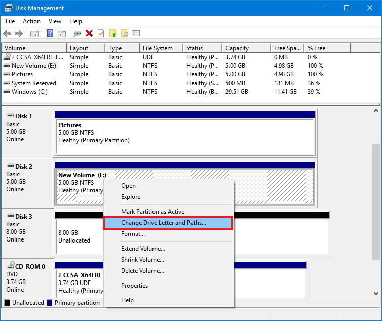 Kích chuột phải vào ổ đĩa và chọn tùy chọn Change Drive Letter and Paths