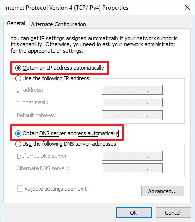  chọn Obtain an IP address automatically