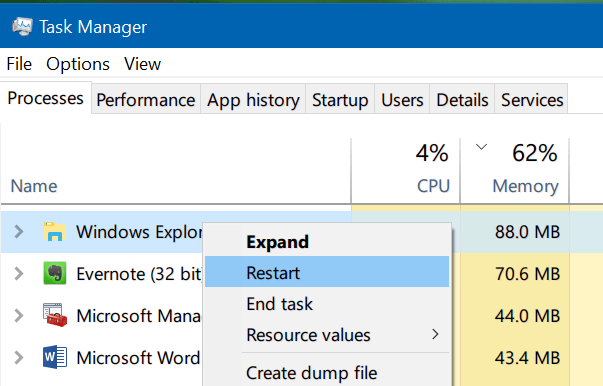 tìm mục có tên là Windows Explorer, sau đó kích chuột phải vào đó chọn Restart