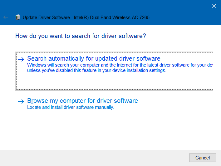 chọn Search automatically for updated driver software để tự động tải và cài đặt phiên bản driver Wifi mới nhất