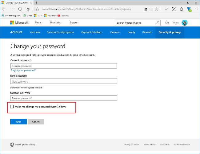 Làm thế nào để buộc thay đổi mật khẩu trên tài khoản Microsoft?