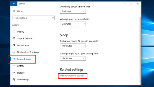 Kích chọn Power & Sleep sau đó nhấp vào Additional power settings để chọn công cụ tiết kiệm pin cũ