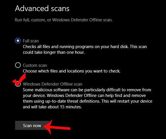 Tích chọn Windows Defender Offline scan