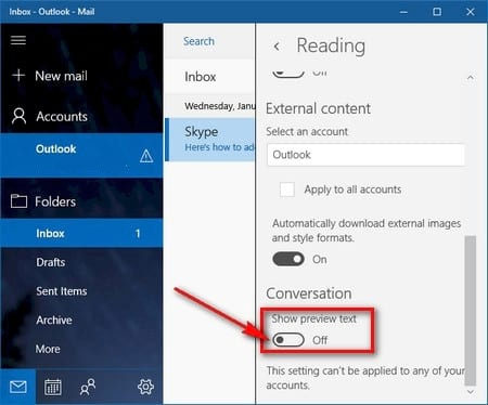 Tắt tính năng xem trước Mail Windows 10