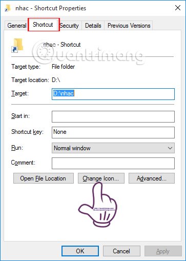 Chọn Change icon cho shortcut