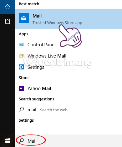 Tìm kiếm ứng dụng Mail Windows 10
