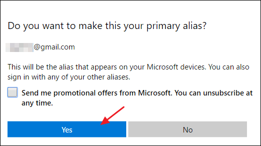 click chọn Yes để xác nhận sử dụng địa chỉ email làm Alias chính