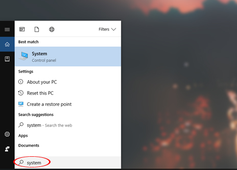 Nhập từ khóa System tại Cortana
