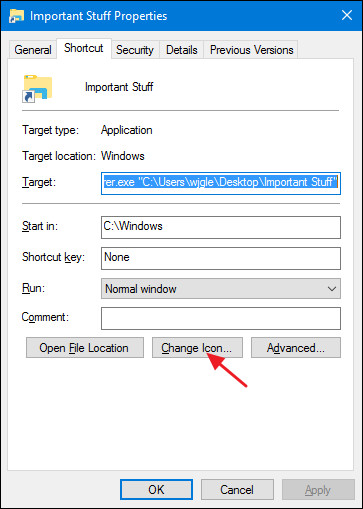 Chọn tab Shortcut, sau đó click chọn nút Change Icon
