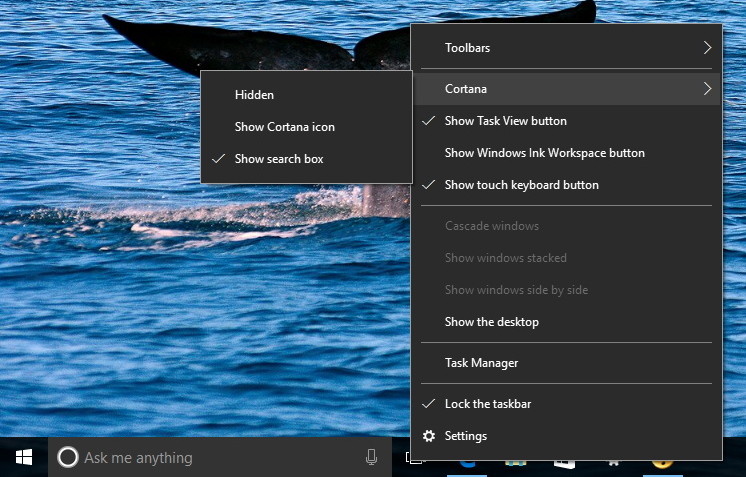 Thay đổi cách hiển thị của Cortana trên Taskbar