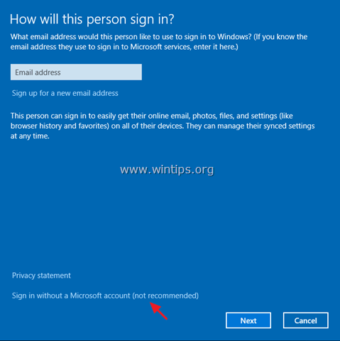  chọn Sign in without a Microsoft account (not recommended)