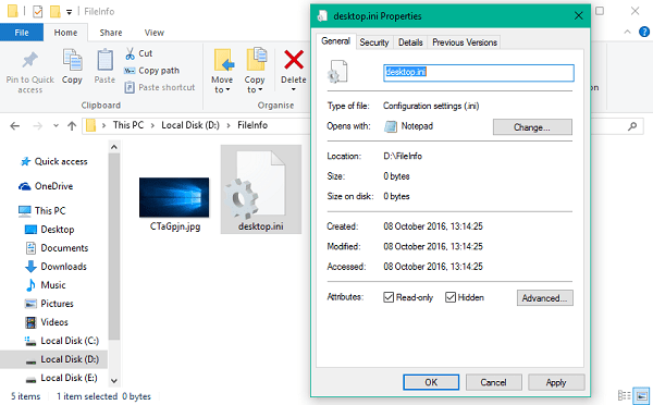 cửa sổ Properties của file desktop.ini