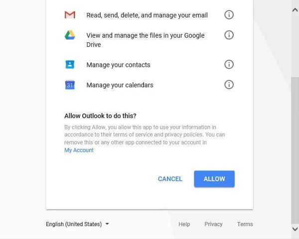 Nhấp vào nút Allow (Cho phép) để cho phép Cortana truy cập vào tài khoản của bạn.