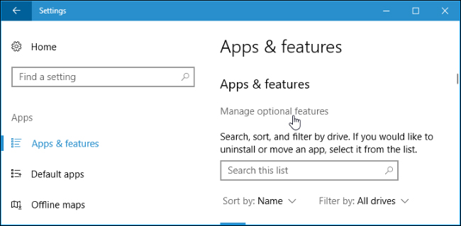Chọn Manage optional features