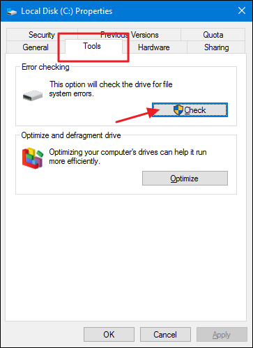 Cách kiểm tra ổ đĩa trong Windows 10  Chọn Check