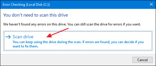 Cách kiểm tra ổ đĩa trong Windows 10  Chọn Scan drive