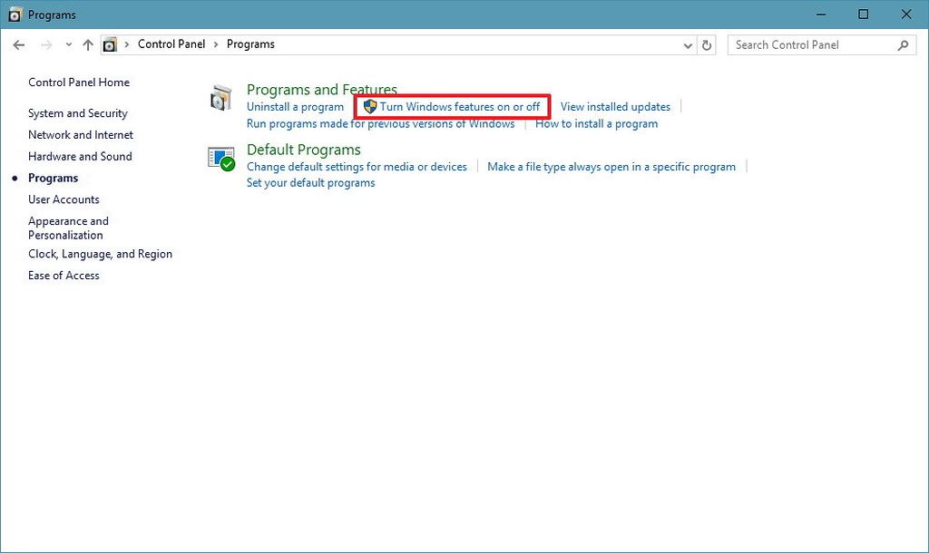 Turn Windows features on or off 