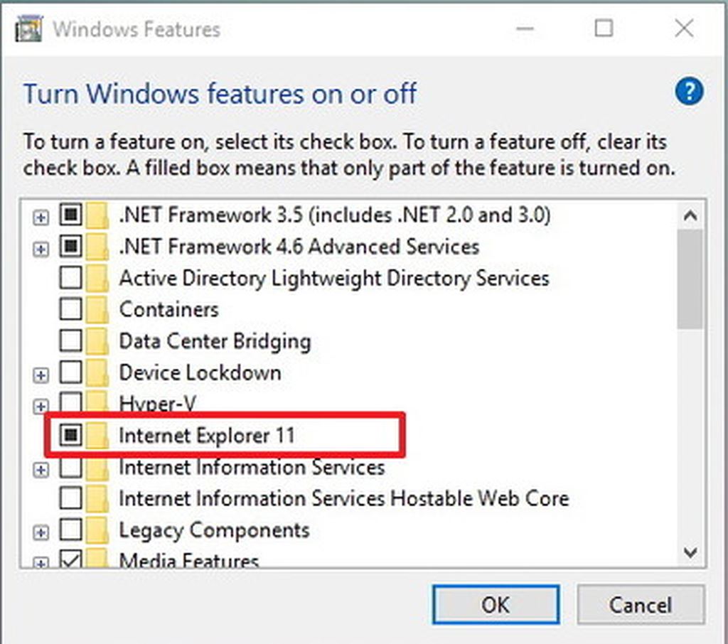  tìm và tích vào ô tương ứng với dòng Internet Explorer 11 