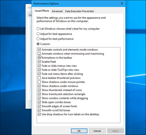 Bỏ chọn ô Animate windows when minimizing or maximizing và nhấn chọn OK