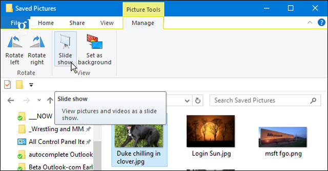 Hướng dẫn chạy Photo Slideshow từ File Explorer trên Windows 10  Nhấp chọn ảnh bất kì trong thư mục và chọn Slide show