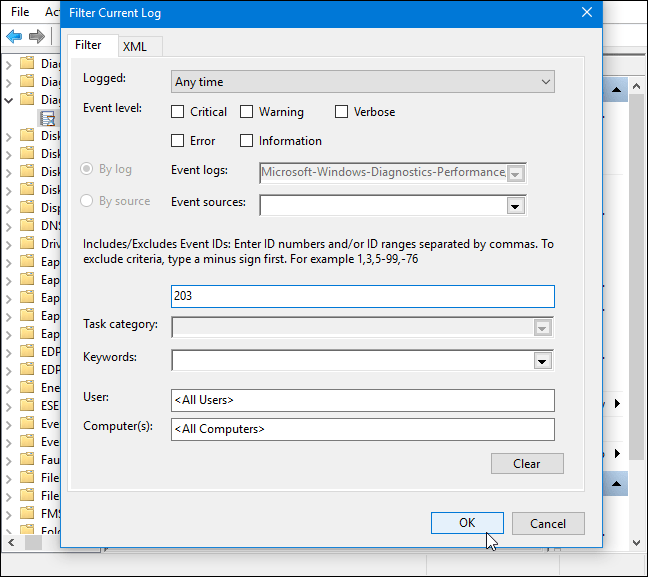 Trên cửa sổ Filter Current Log, nhập 203 vào khung Event IDs rồi click chọn OK. Điều này sẽ lọc các log và chỉ hiển thị shutdown